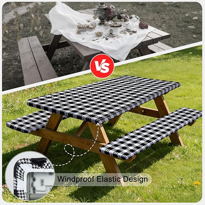 Picnic Table Cover with Bench Covers Windproof Waterproof Picnic Table Covers Camping Tablecloth with Self-Storage Bag, 72in, Black White