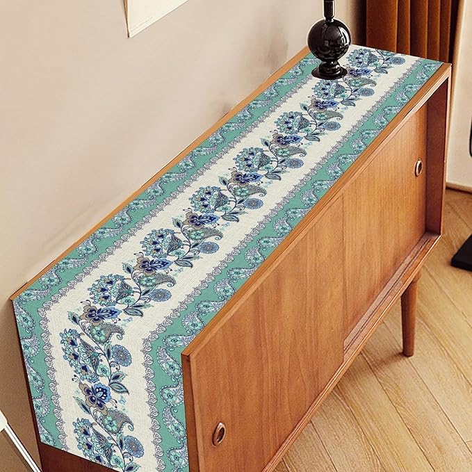 Paisley Table Runner, Vintage Teal Damask Floral Flower Boho Antique Damask Swirled Pattern Rustic Coffee Table Center Decor for Family Kitchen and Living Room Outdoor Table Decorations, 13"x72"