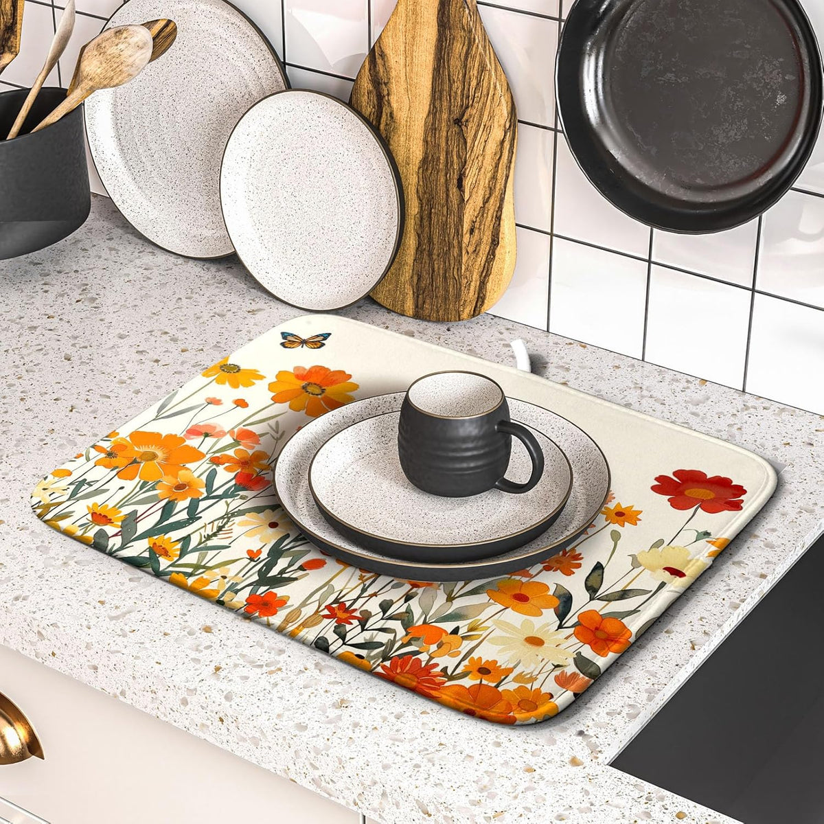 Fall Orange Wildflower Dish Drying Mat for Kitchen Counter,Autumn Floral Butterflies Drying Mat 16 x 18 Inch with Absorbent Reversible Microfiber