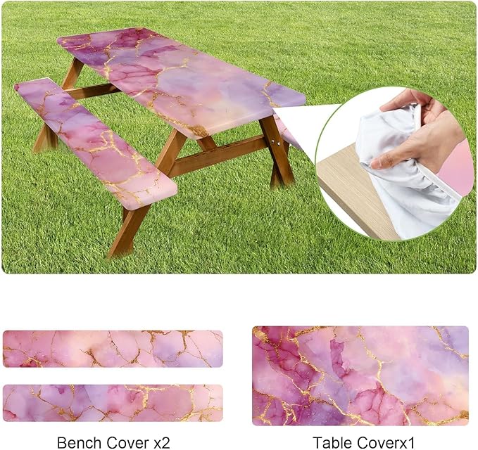 ANNA QUEEN 6FT Pink Marble Outdoor Table Cover with Bench Covers Picnic Table Cover Set 3PCS 72"x30", Outdoor Bench and Tablecloth Furniture Protection