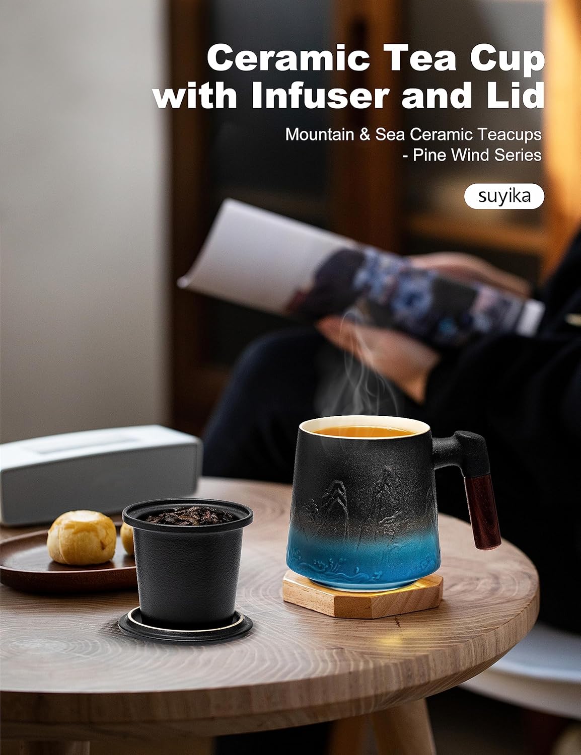 suyika Ceramic Tea Cup with Infuser and Lid, Gradient Embossed Large Tea Mug Wooden Handle for Steeping Loose Leaf, Tea Lover Gifts 15.2 oz / 450 ml