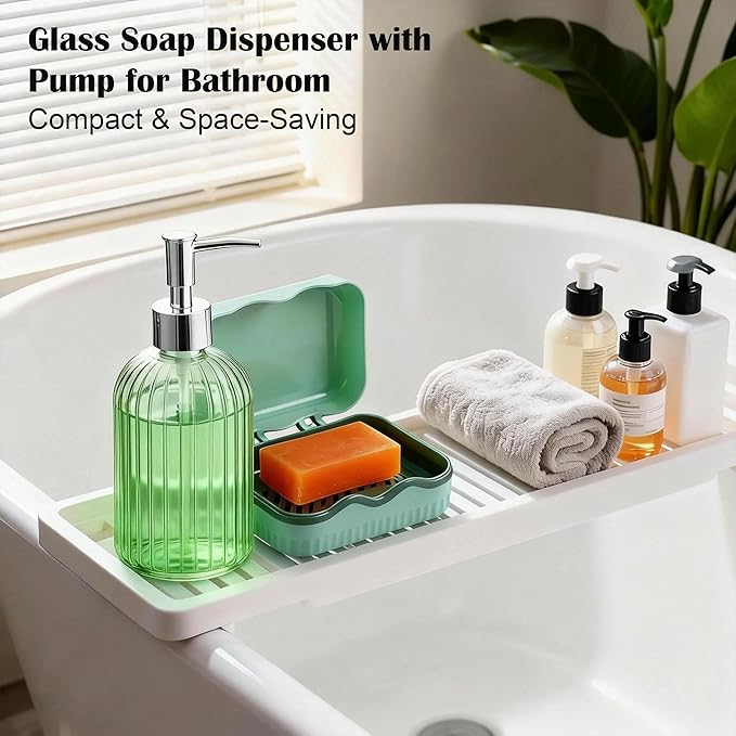 Green Glass Soap Dispenser: 400ml 13.5Oz Refillable Hand Soap Dispenser with Pump for Kitchen Bathroom Shower, Decorative Modern Liquid Soap Dispenser for Dish, Hand Soap, Body Wash, Lotion