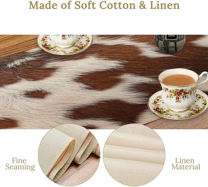 Cow Print Table Runner, Western White Brown Cowhide Rustic Coffee Table Runner for Home Kitchen Dining Room Farmhouse 13x108in