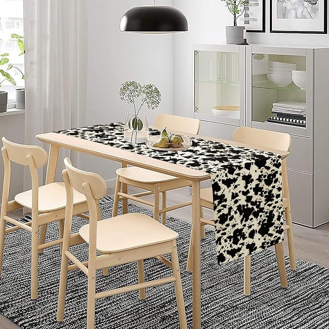 Cow Print Table Runner, Black White Animal Fur Skin Rustic Cowhide Pattern Table Runner for Kitchen Farmhouse Dining Home Outdoor Party 13x90in