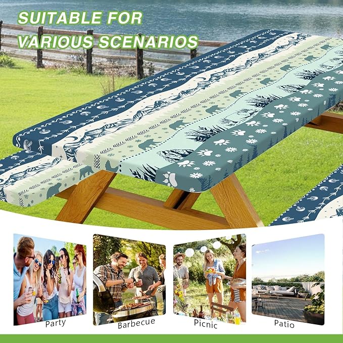 Picnic Table Cover with Bench Covers and Bag, Camping Essentials, Bohemian Waterproof Windproof Camping Tablecloth, Fitted Tablecloth Cover with Elastic Edge, for Garden & Outdoor, 3 PCS, 30x72 Inch