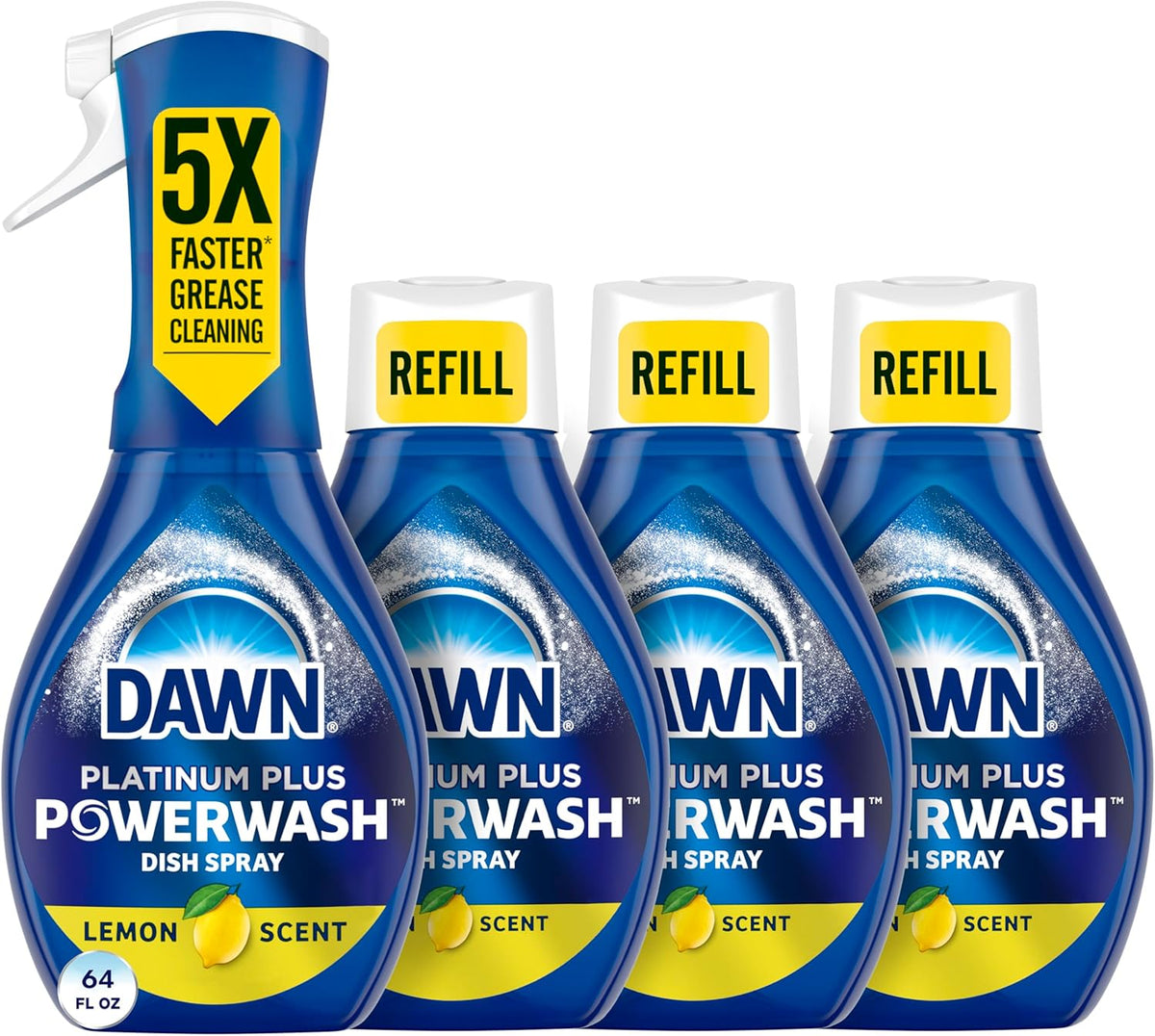 Dawn Powerwash Spray, Dish Soap, Dishwashing Liquid, Cleaning Supplies, Lemon, 1 Starter Kit + 3 Refills, 4 units of 16oz (64oz)