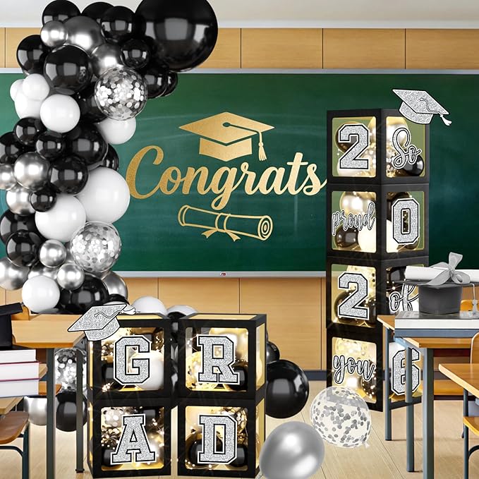 Graduation Decorations Class of 2026,Black and Silver Graduation Decorations 2026,Grad Boxes with Letters 2026 So Proud of You & Grad 2026 for College Graduation Party Supplies