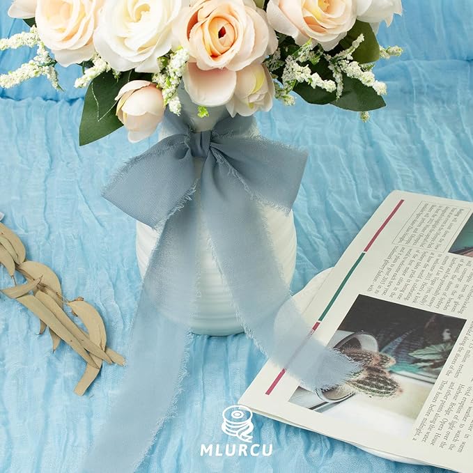 Dusty Blue Chiffon Ribbon 1-1/2 Inch x 21 Yards Boho Frayed Fringe Chiffon Silk Ribbon for Gift Wrapping, Wedding Invitation, Bridal Flower Bouquets