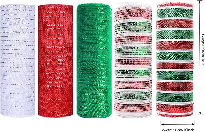 5 Rolls Christmas Mesh Ribbon for Wreath, 10 Inch x 30FT Per Roll Metallic Foil Deco Mesh Rolls Red White Green Stripe Decorative Mesh for Christmas Tree Winter Holiday Wreath Party Decor
