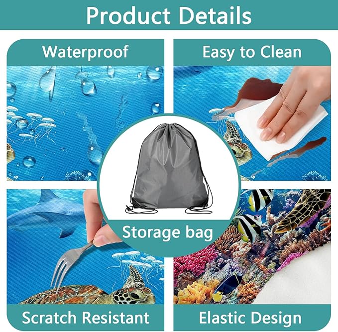 Ocean Animals Picnic Table Cover with Bench Covers, Camping Essentials, Underwater Sea Turtles Waterproof Windproof, Fitted Tablecloth Cover with Elastic Edge, for Garden & Outdoor, 3 PCS, 30x60 Inch