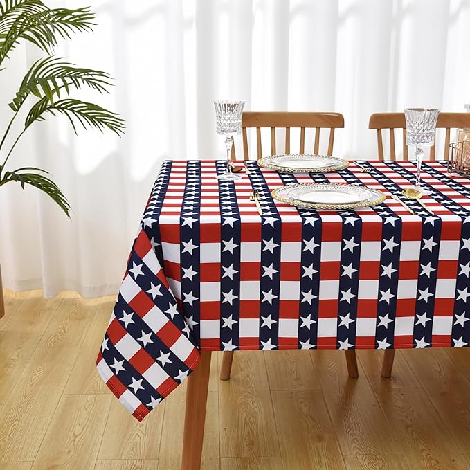 Waterproof Patriotic Tablecloth Fabric - Oblong 52x70 Inch Independence Day Buffalo Tartan Table Cloth for Indoor/Outdoor Use - Washable Tabletop Cover for Dinner, BBQs, and Parties