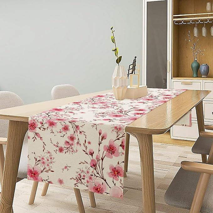 Cherry Flower Table Runner, Seasonal Spring Cherry Blossoms Branches Watercolor Floral Print Table Cover for Kitchen Dining Table Indoor Outdoor Party Decor, 13x90inch