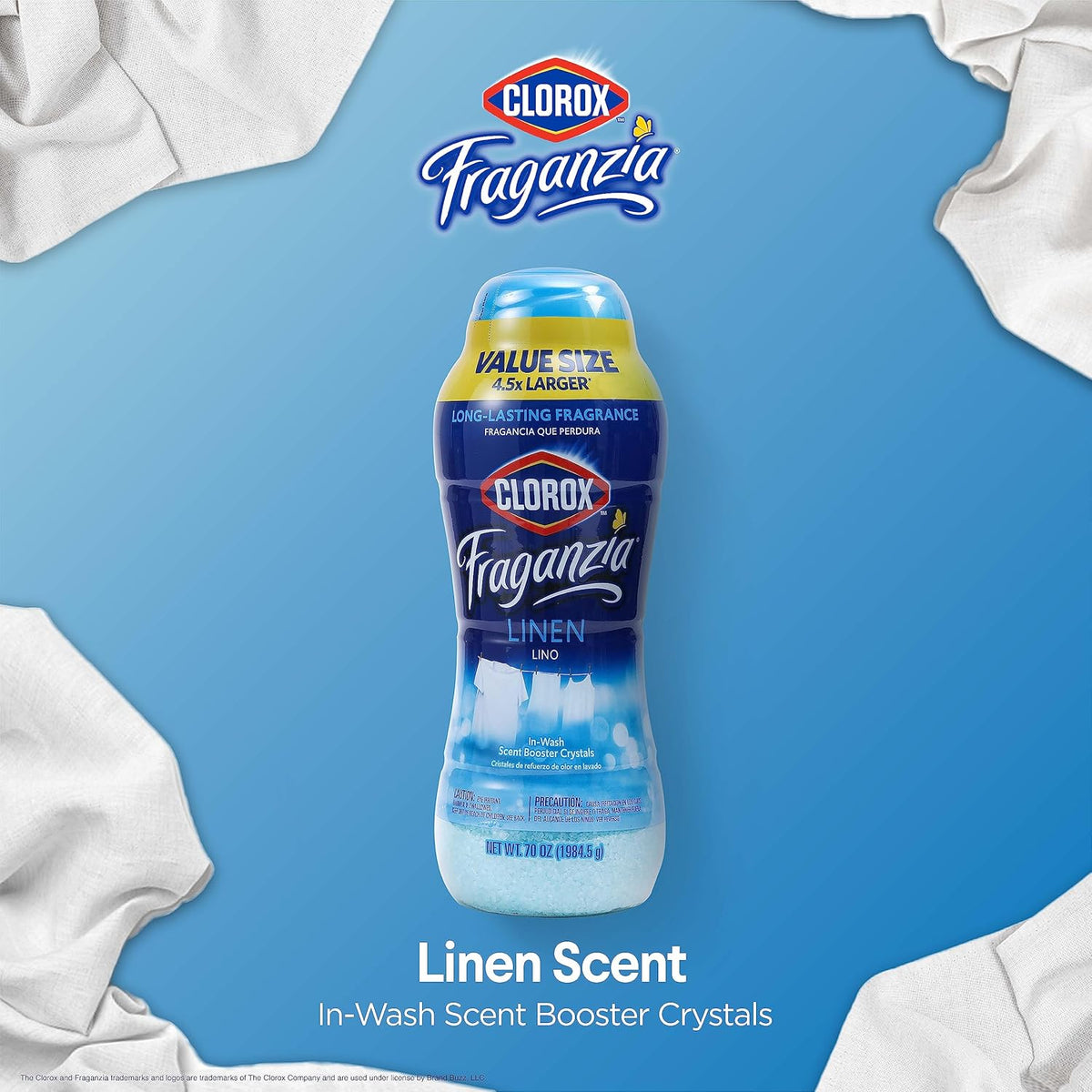 Clorox Fraganzia Laundry Scent Booster Crystals in Linen Scent - Scented In-Wash Freshener Beads for Fresh, Clean, Great Smelling Clothes and Linens, 70 Oz