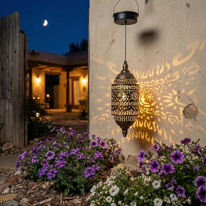 Hapjoy Moroccan Hanging Solar Lights Outdoor Garden Decor Sun and Moon Decorations Solar Lantern Waterproof for Patio Pathway Yard Backyard Garden Decorative (Cylinder, 1)