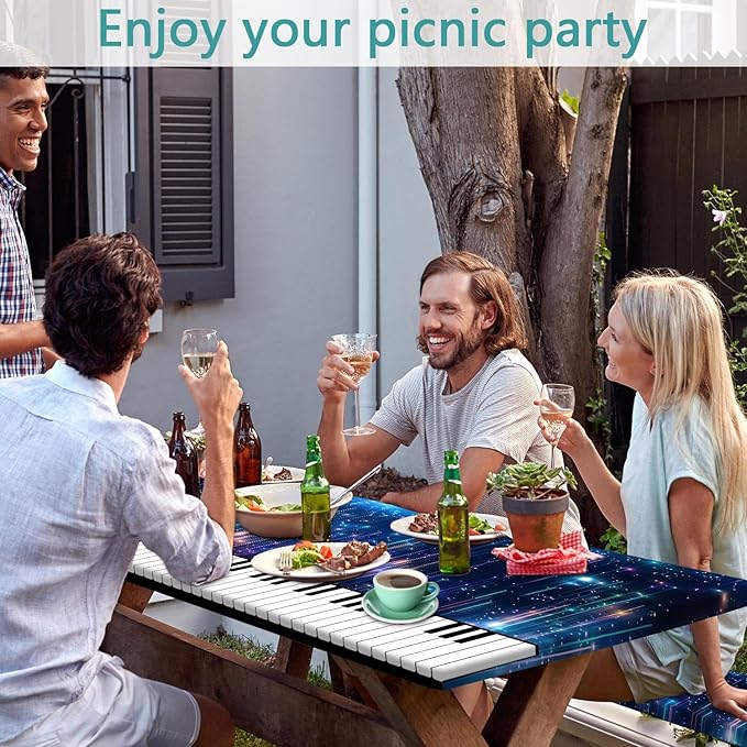 Piano Keyboard Picnic Table Cover with Bench Covers, Camping Essentials, Music Themed Waterproof Windproof, Fitted Tablecloth Cover with Elastic Edge, for Outdoor, Garden, 3 PCS, 30x60 Inch