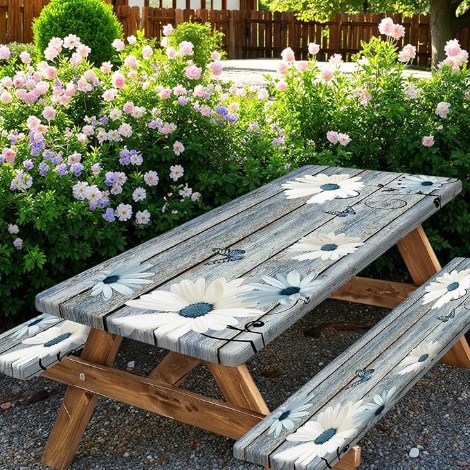 Rustic Daisy Picnic Table Cover with Bench Covers, Waterproof Farmhouse Vintage Floral on Wooden Board Blue Flower Tablecloth for Camping Indoor Outdoor Party Decorations, 30X60in