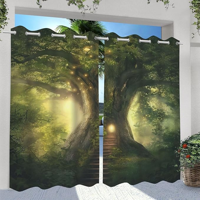 Fantasy Theme Waterproof Outdoor Curtains for Patio,Forest Pattern,Waterproof, Privacy, Grommet Curtains for Patio, Pergola, Porch, Deck, Lanai, Cabana,2 Panels,54 x 84 inch,Green