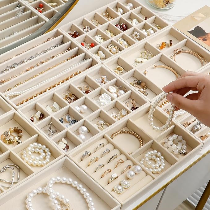 SPAKOWN Stackable Jewelry Organizer Trays for Drawer Set of 8 Adjustable Velvet Jewelry Tray Earring Organizer Necklace Ring Bracelet Display Case for Women Girl (Beige)