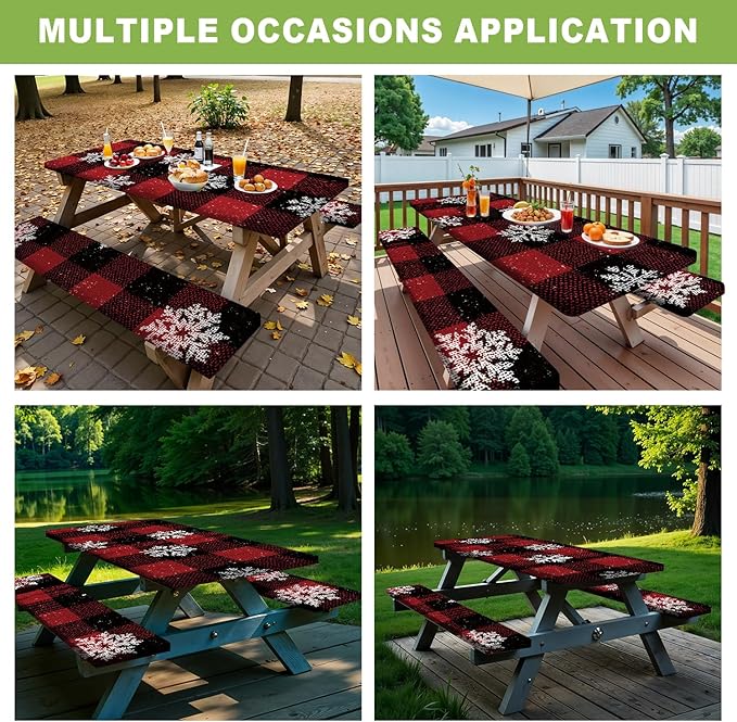 ANNA QUEEN 6FT Winter Christmas Snowflakes Picnic Table Cover with Bench Covers Picnic Table Cover Set 3PCS 72"x30", Waterproof Outdoor Bench and Tablecloth Furniture Protection for Camping