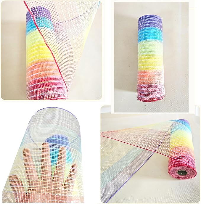 3 Rolls Rainbow Deco Mesh Ribbon for Wreath Making Supplies, 10 Inch x 30FT Metallic Foil Burlap Deco Mesh Fabric for DIY Crafts Christmas Tree Easter Wreath Swags and Decorating