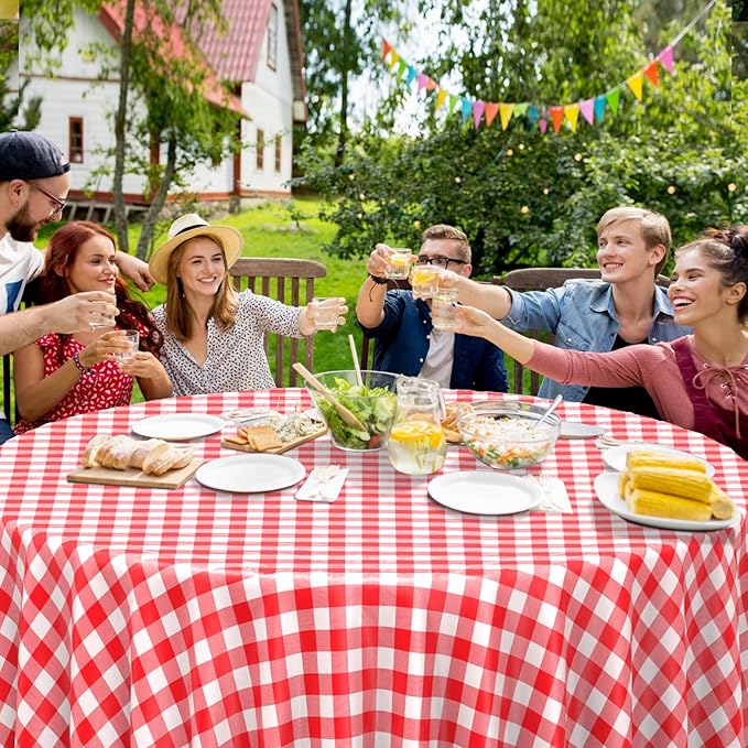 12 Pack Red and White Plastic Checkered Tablecloth Round, Premium Decorative Disposable Red Gingham Plaid Table Cloths for Parties, Round Party Table Cover for Picnic Farm Birthday Wedding, 84 Inch