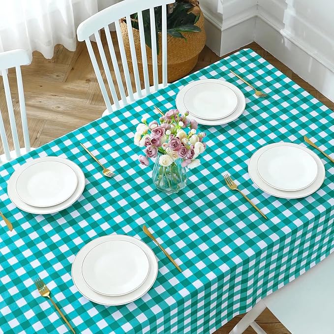 Romanstile Rectangle Vinyl Tablecloth, 100% Waterproof Buffalo Gingham Plastic Table Cloth, Heavy Duty Wipeable Checkered Table Covers for Outdoor, Camping, Picnic, Patio - 60 x 120, Teal Green