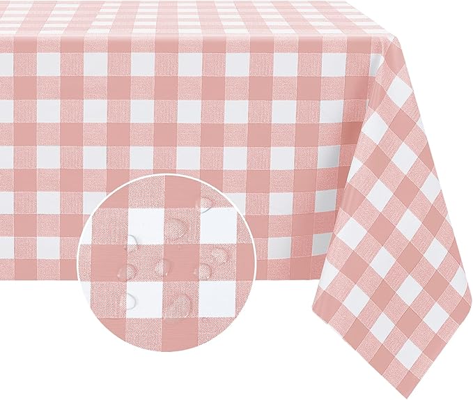 Romanstile Square Vinyl Tablecloth, 100% Waterproof Checkered Plastic Table Cloth, Heavy Duty Buffalo Gingham Table Cover for Dining, Camping, Picnic, Outdoor - 54 x 54 Inch, Light Pink