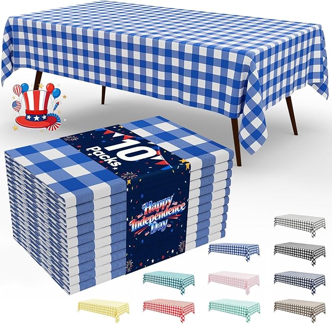Smiry 10 Pack Blue Gingham Disposable Tablecloths - 54" x 108" Heavy Duty Plastic Table Cloth, Waterproof Buffalo Plaid Table Covers for Picnic, Banquets, Outdoor Parties