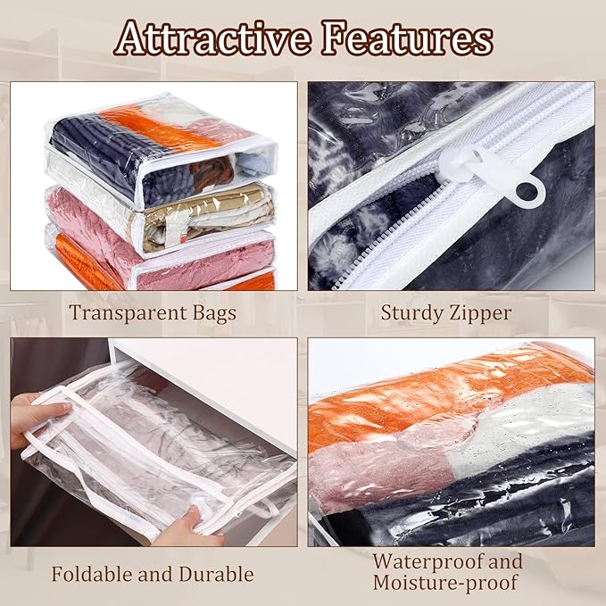 Kingdder 16 Pcs Clear Zippered Storage Bags Plastic Sweater Bags with Zipper 16 x 14 x 2.5 Inch Vinyl Sheet Organizer and Storage for Clothing Blankets Sheet Linen Bed Pillow Cube Organizer