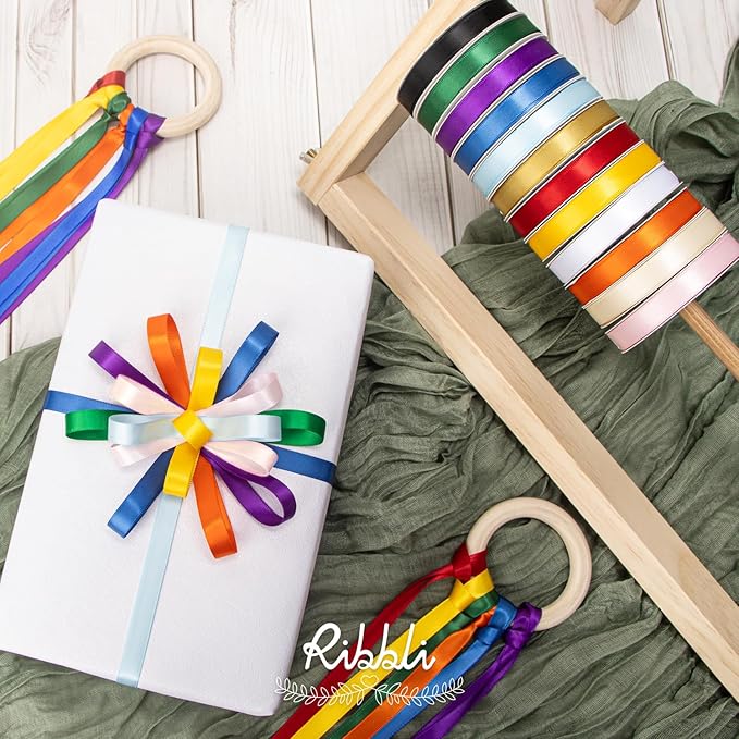 Ribbli Rainbow Satin Ribbon 3/8 Inch x 12 Rolls Total 60 Yards- Colorful Ribbon for Gift Wrapping Craft Party Decoration Baby Shower Wedding