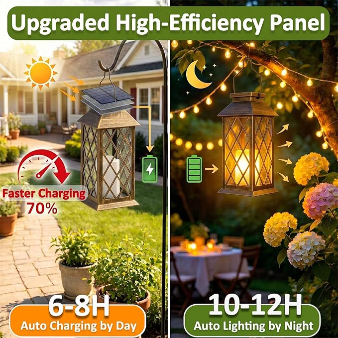 Solar Lanterns Outdoor Waterproof, Flickering Candles Hanging Solar Lights for Outside Garden Patio Wall Porch Decorative, Lamp with Upgraded Solar Panel, Tempered Glass & Clip, Bronze 2 Pack