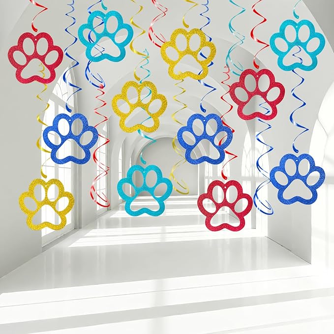 Dog Paw Hanging Swirl Decorations - 30Pcs Puppy Party Decorations Paw Prints Ceiling Streamers for Pet Dog Themed Birthday Party Favors Supplies Décor