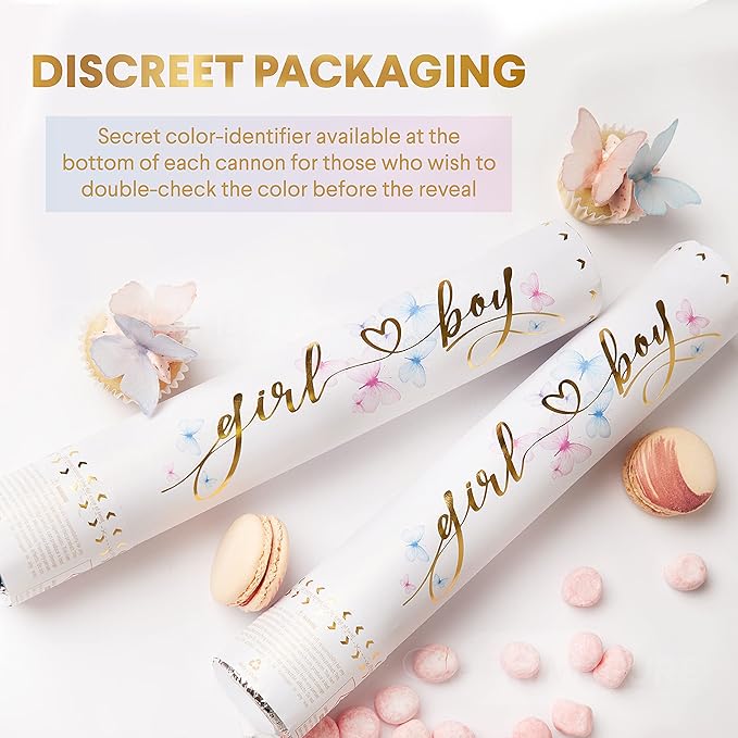 PrimePure Gender Reveal Confetti Cannon - Butterfly Shaped Confetti Poppers - Blue, 2 Pack - Baby Boy Gender Reveal Party Poppers Shooters - Blue Paper Butterflies Baby Shower Party Supplies Pop Gun