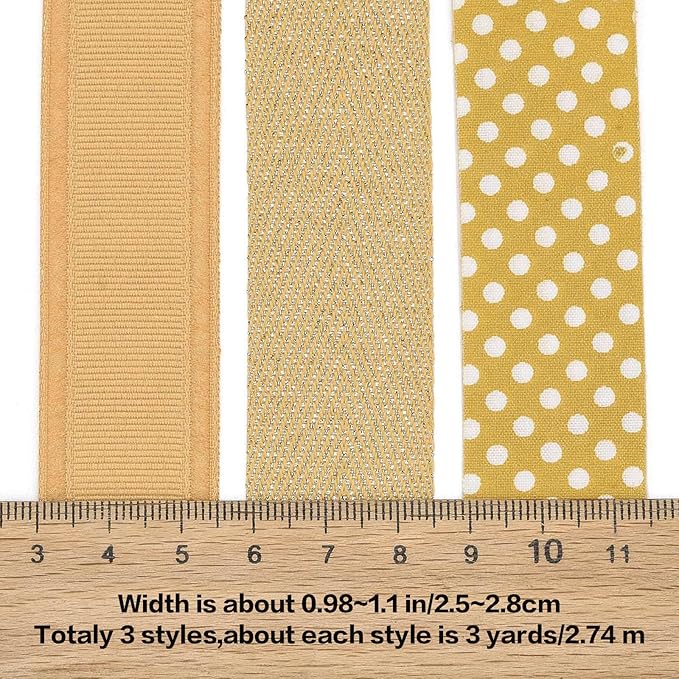 BEEFLYING 3 Styles Ginger Wire Edged Ribbons for Gift Wrapping, 25~28mm×2.7m Herrinbone Ribbons Spot Ribbons for Wedding Party Decoration Hair Bows Flower Designs Sewing and Craft, 9 Yards