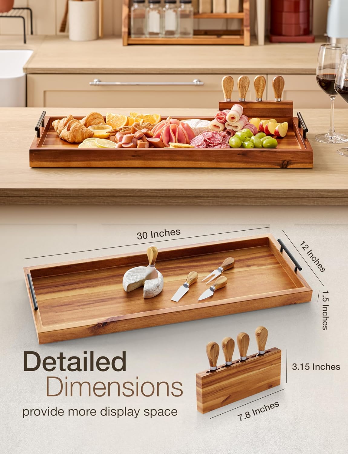 Acacia 30 Inch Large Charcuterie Boards for Party with Cheese Knife Set of 4 – Acacia Wood Serving Tray with Handles, Long Charcuterie Board
