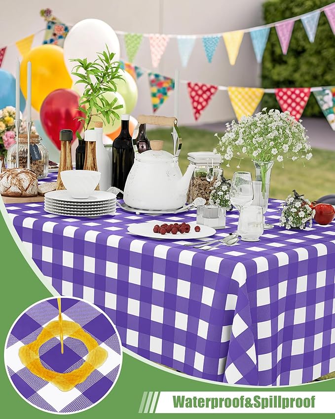 Smiry 20 Packs Gingham Disposable Table Cloth, 54 x 108 Inch Waterproof Plastic Tablecloth, Rectangle Purple and White Checkered Table Covers for Picnic, Birthday, Party