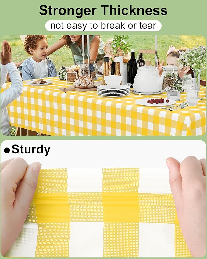 Smiry 20 Packs Gingham Disposable Table Cloth, 54 x 108 Inch Waterproof Plastic Tablecloth, Rectangle Yellow and White Checkered Table Covers for Picnic, Birthday, Party