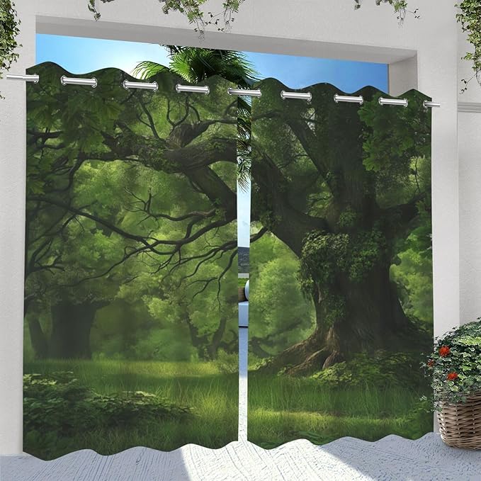 Nature Theme Waterproof Indoor/Outdoor Curtains,Forest Pattern,Light Filtering Curtains Outside Curtains for Porch, Gazebo, Pergola, Backyard,2 Panel,42 x 63 inch,Green