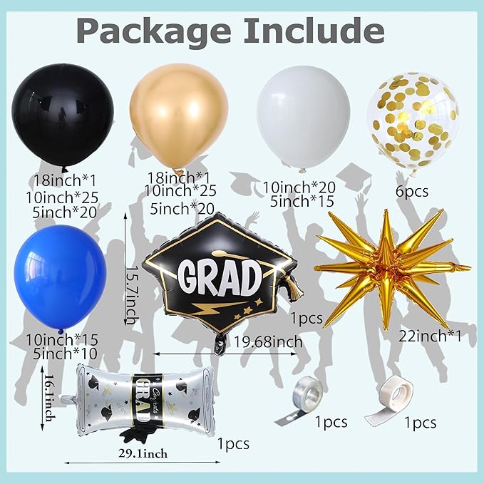 163pcs Graduation Balloon Arch Kit,Graduation Decorations 2026 with Black Gold Blue White Balloons Grad Cap & Diploma Foil Balloon for Congrats Class of 2026 Graduation Party Supplies