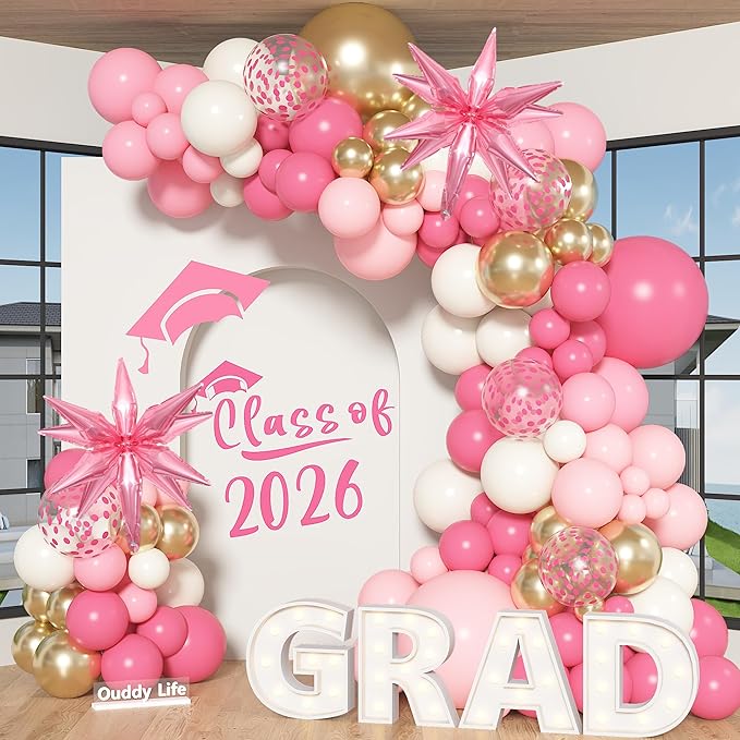 Ouddy Life 142pcs Pink Balloon Garland Arch Kit, Pink and Gold White Balloons with Graduation Decorations Class of 2026 Confetti Star Foil for College Birthday Congrats Grad Baby Shower Wedding Party