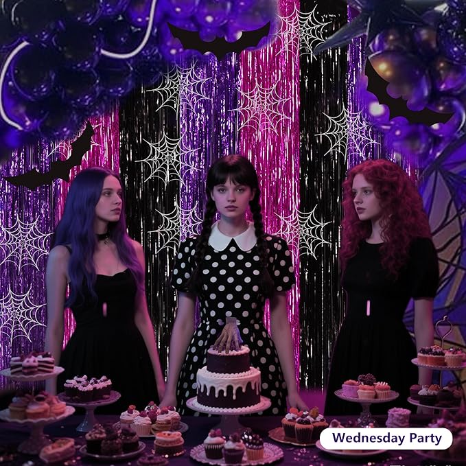 BEISHIDA 3Pcs Purple Pink Black Door Streamers Backdrop Foil Fringe Tinsel Curtains Backdrops for Birthday Witch Theme Halloween Party Decoration (3.28 ft x 6.56 ft)