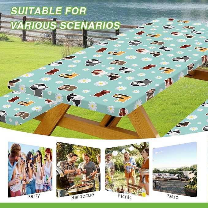 Cute Dog Picnic Table Cover with Bench Covers Camping Essentials Waterproof Windproof Funny Animal Daisy Flower Table Cover Fitted Tablecloth Cover with Elastic Edge for Outdoor 3 PCS 30x60 Inch