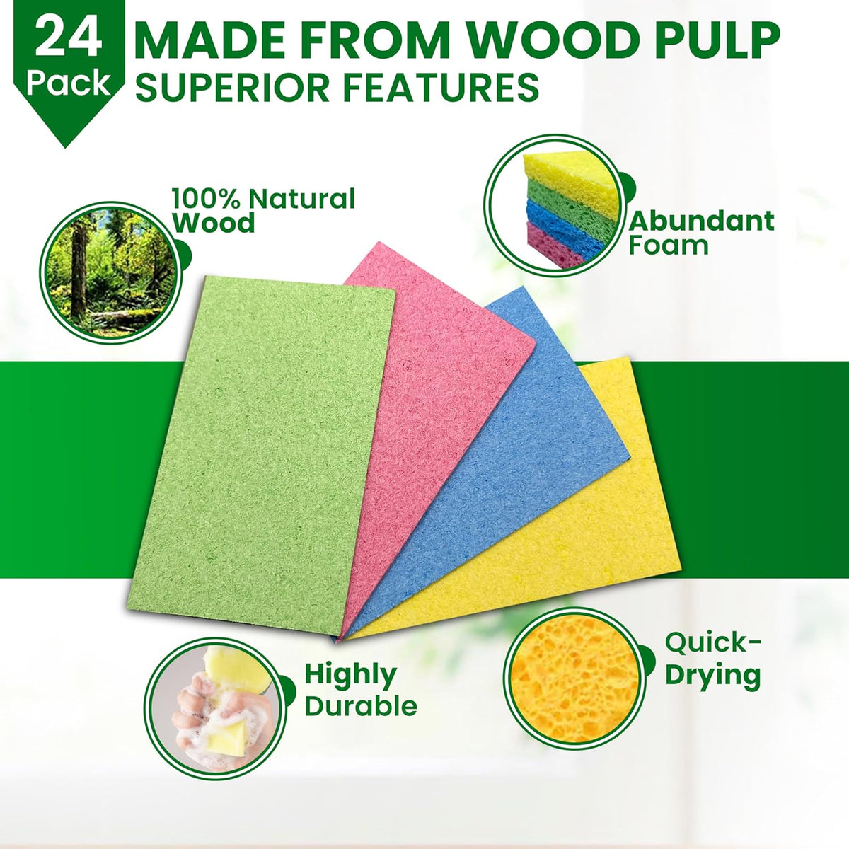 Cellulose Sponges - 24-Pack Multicolored Compressed Natural Sponges for Kitchen - Biodegradable, Non-Scratch, Quick-Dry for Cleaning, Dishes, DIY Cutouts