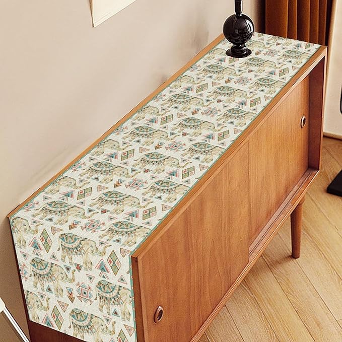 Boho Elephant Table Runner, Rustic African Tribal Indian Diwali Aztec Bohemian Green Geometric Coffee Table Center Decor for Home Kitchen Dining Holiday Party Outdoor Table Decorations, 13"x36"