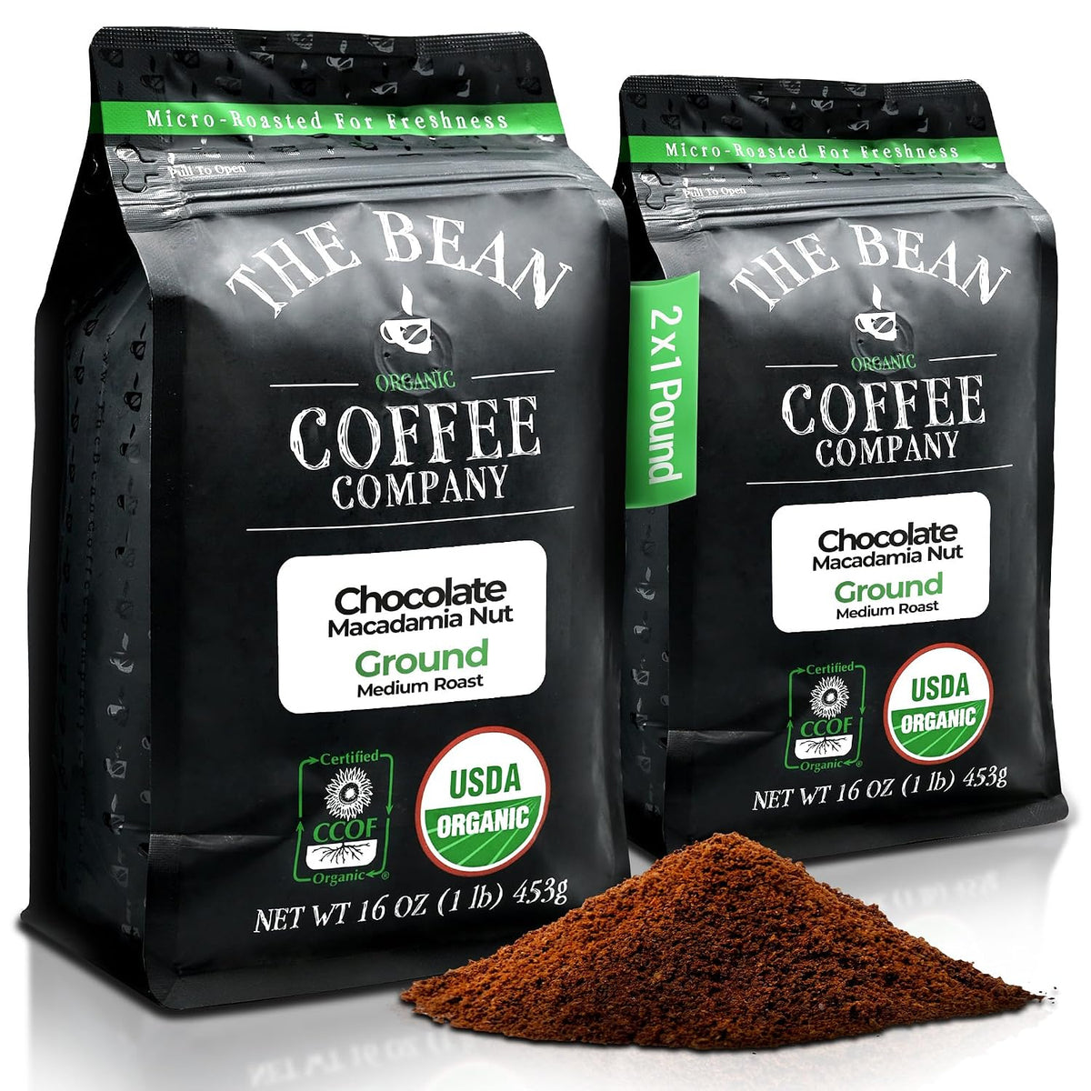 The Bean Organic Coffee Co. Chocolate Macadamia Nut, Ground, 2 x 1 lb | Rich chocolate and buttery macadamia nut. Organic ground coffee. Medium Roast. 2 x 1 lb.