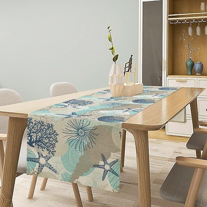 Marine Life Table Runner, Sea Underwater World Ocean Creature Table Runner for Dining Kitchen Party Holidays Home 13x70in