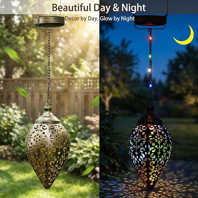 2 Pack Hanging Solar Lanterns, Colorful LED Outdoor Lights, Retro Metal Waterproof Lanterns for Garden Patio Yard Decor