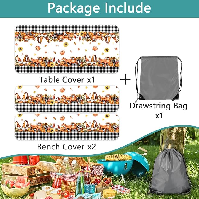 Fall Picnic Table Cover with Bench Covers, Camping Essentials, Buffalo Plaid Thanksgiving Pumpkin Waterproof Windproof, Fitted Tablecloth Cover with Elastic Edge, Indoor & Outdoor, 3 PCS, 30x72 Inch
