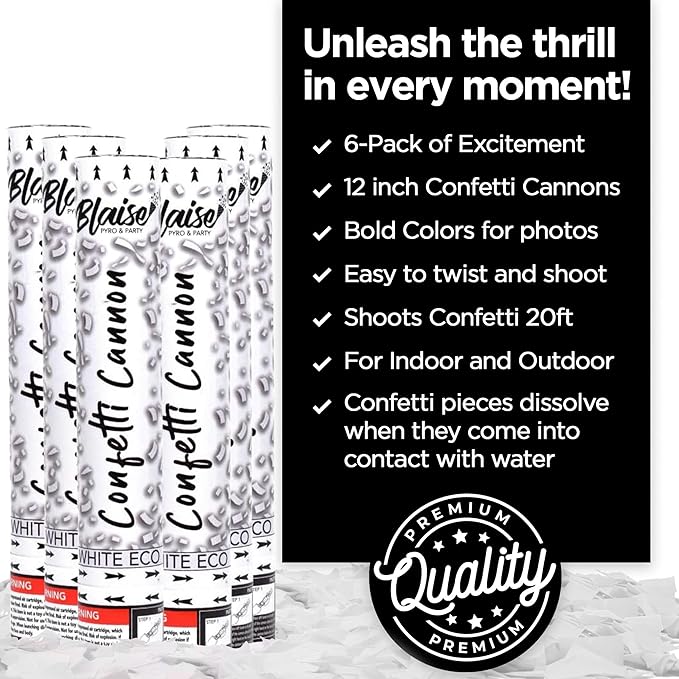 Blaise Pyro & Party White Confetti Poppers - Large Confetti Poppers for Weddings, Engangements, & Graduations - Water-Soluble & Easy Clean-Up - 6 Pack, 12 Inch