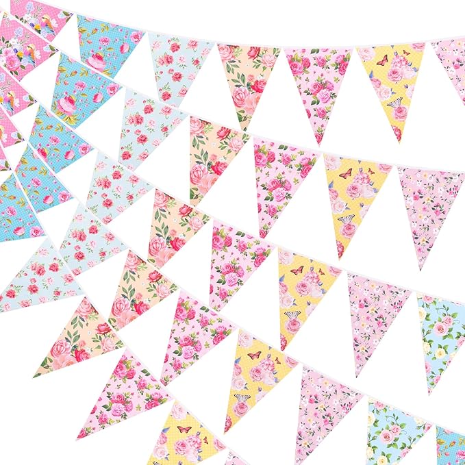 jijAcraft 4 Pack Tea Floral Party Bunting Banners - Pre-Strung Vintage Floral Triangle Pennant Banner, Wildflower Garland Tea Party Decorations for Spring Party Baby Shower Bridal Shower Mother's Day